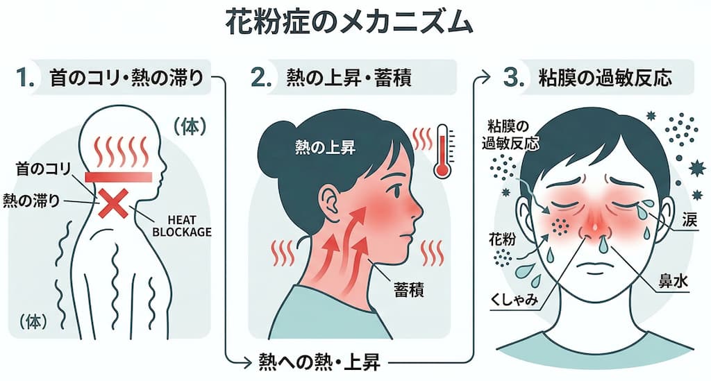花粉症のメカニズム - うなじのコリが原因で熱が顔にこもり粘膜が過敏になる図解