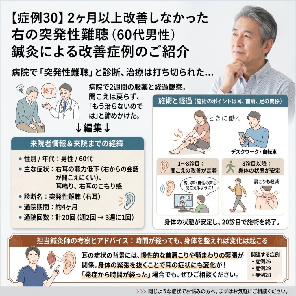 症例30 2ヶ月以上改善しなかった右の突発性難聴（60代男性）の鍼灸改善症例まとめ図