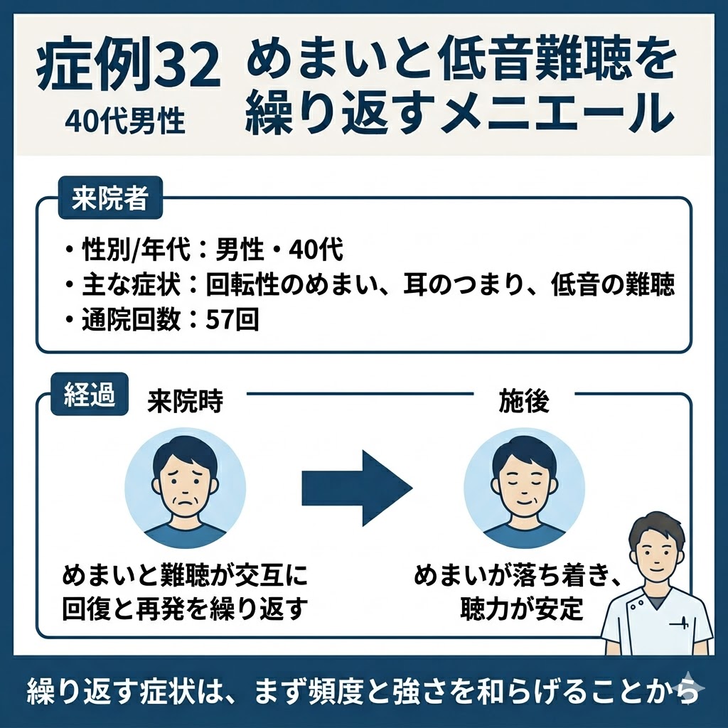 症例32 めまいと耳のつまり・低音難聴を繰り返す（メニエール）40代男性の鍼灸改善症例まとめ図