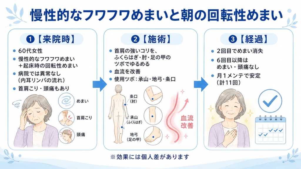 症例9 慢性的なフワフワめまいと朝の回転性めまい 60代女性の鍼灸改善症例まとめ図