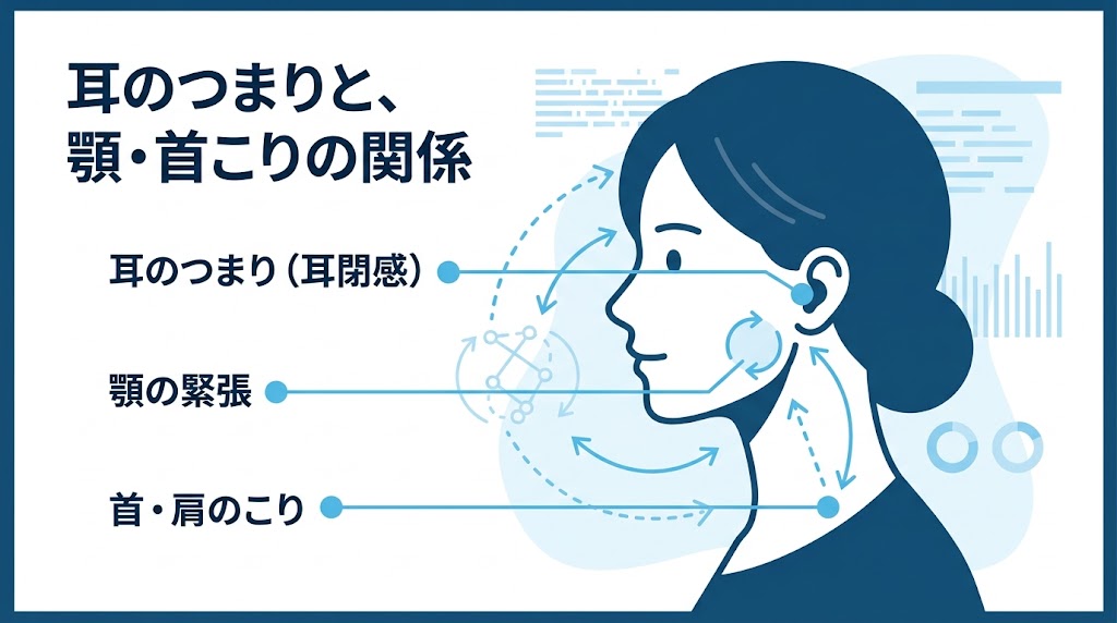 耳のつまり（耳閉感）と顎・首こりの関係を示した解説図