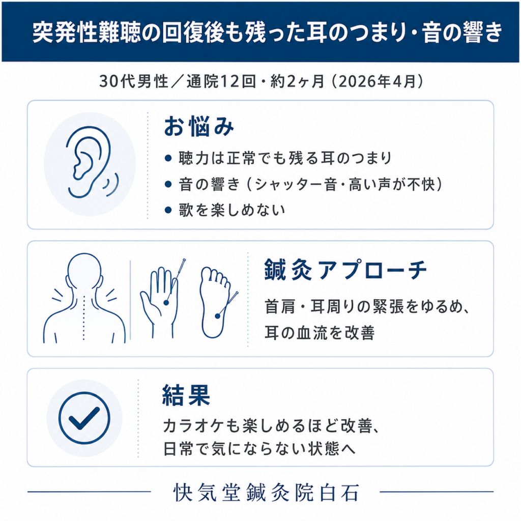 突発性難聴の回復後も残った耳のつまり・音の響きが改善した30代男性の症例まとめ|札幌の鍼灸院